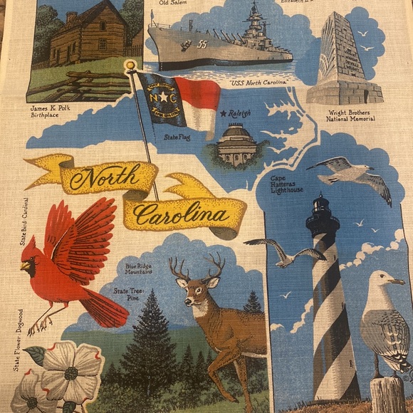Linen fabric, print art, wall hanging, tea towel of North Carolina, NEW not hung - Picture 3 of 8